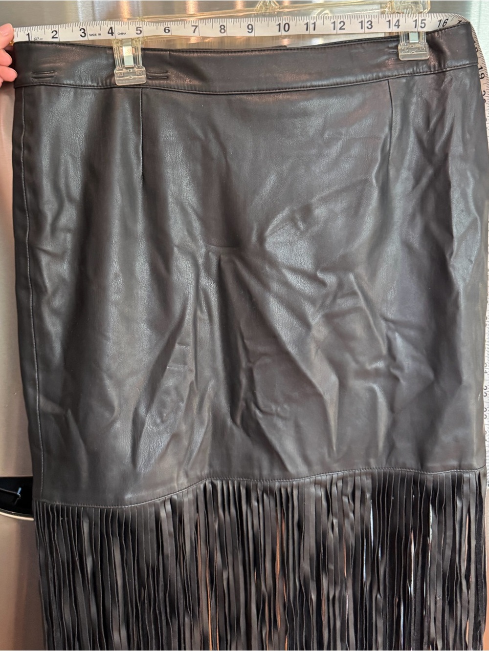 Chelsea & Theodore Black Faux Leather Fringe Midi Skirt size large